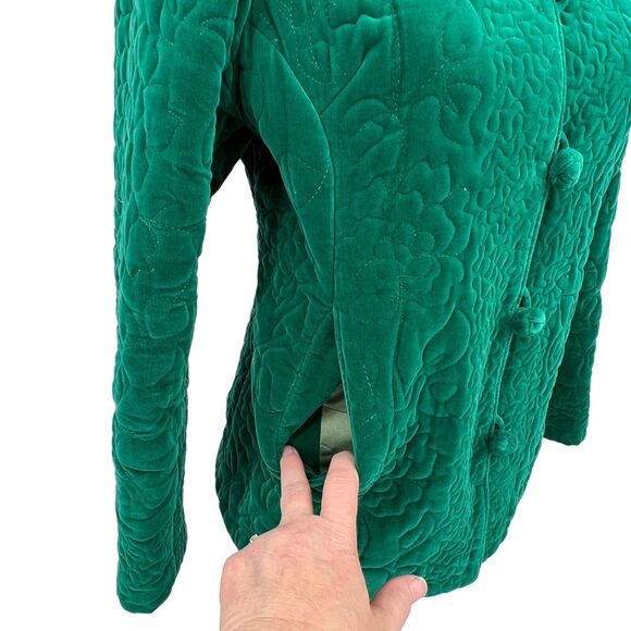 Vintage‎ 1960s Emerald Green Quilted Velvet Mandarin Collar Frog Closure Jacket - Picture 4 of 9